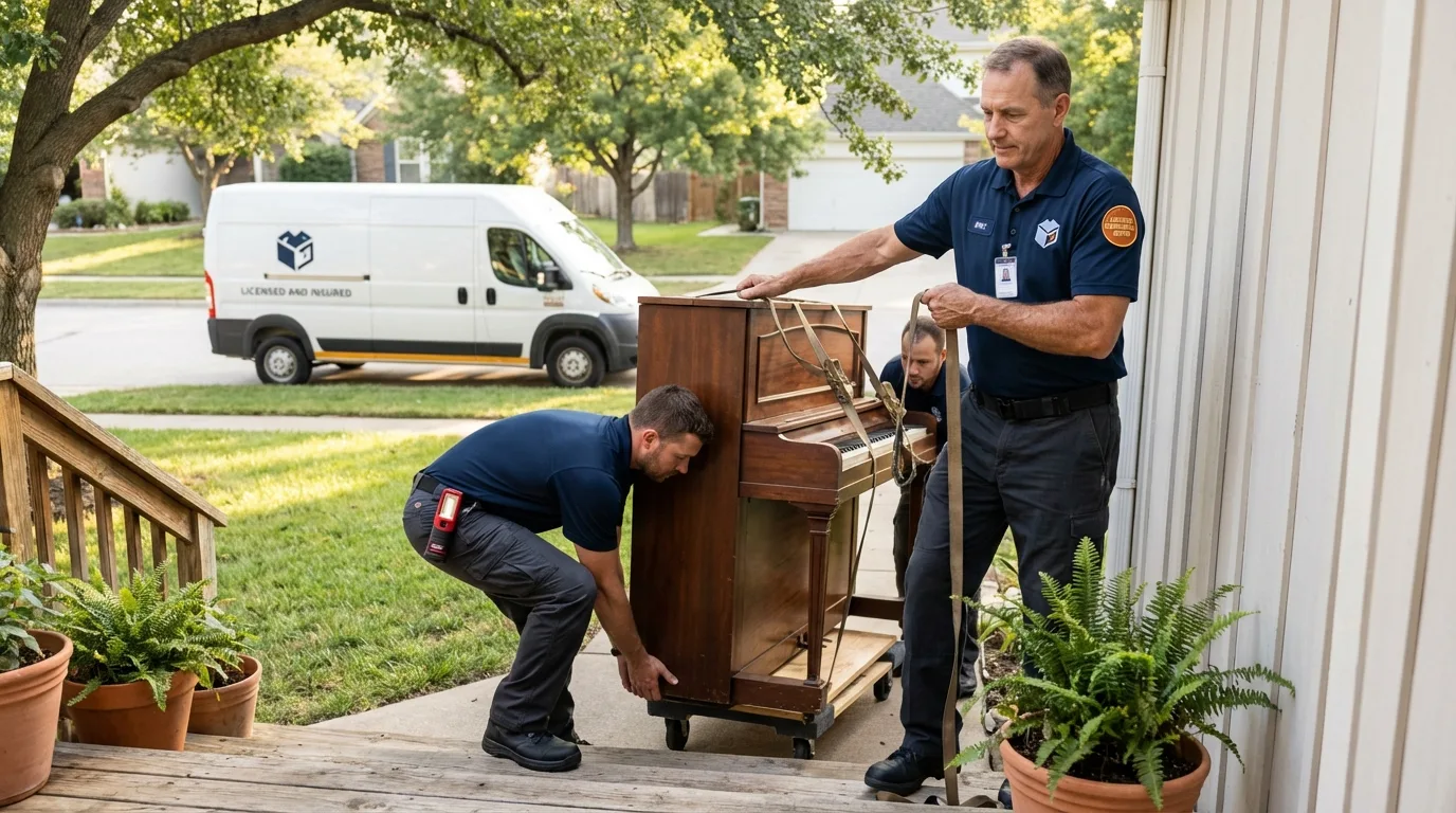 Licensed piano movers securing grand piano in Covina, CA