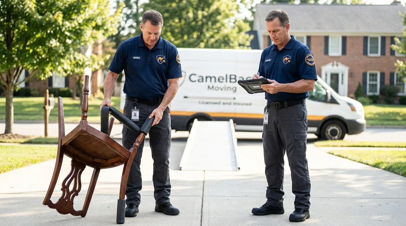 Movers inspecting furniture for damage prevention before loading in Covina, CA